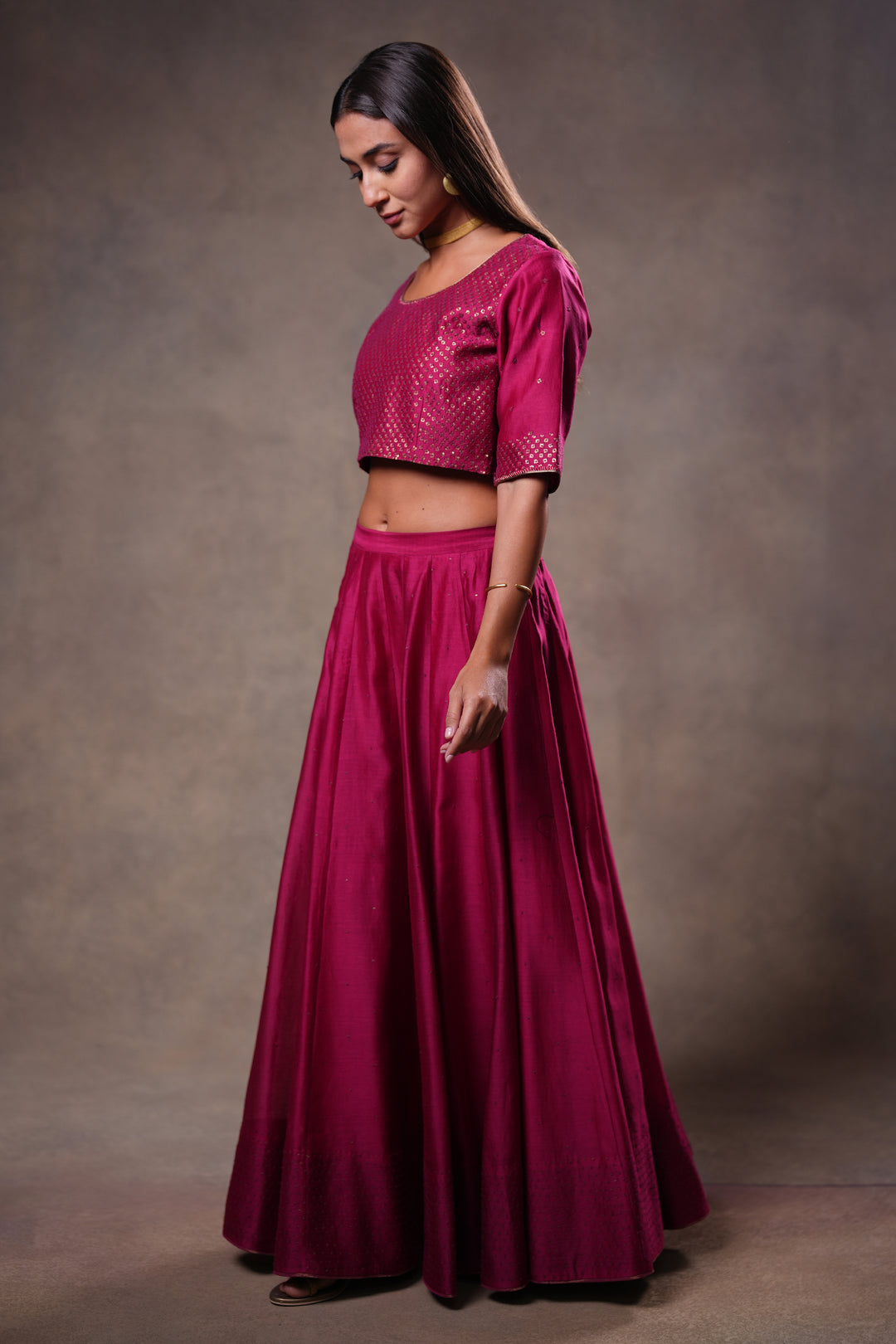 Magenta Hand Embroidered Chanderi Lehenga Set with Blouse & Dupatta