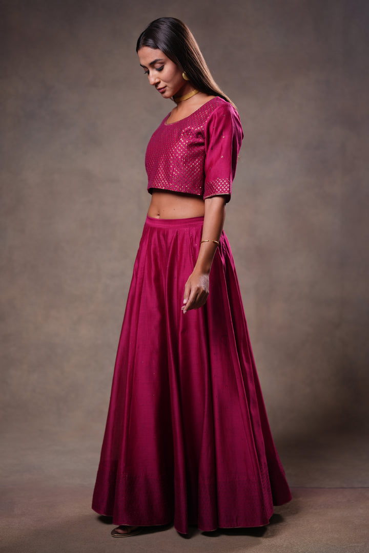 Magenta Hand Embroidered Chanderi Lehenga Set with Blouse & Dupatta