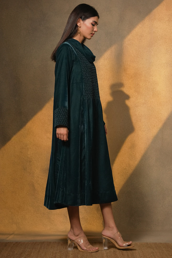 Teal Hand Embroidered Velvet Dress