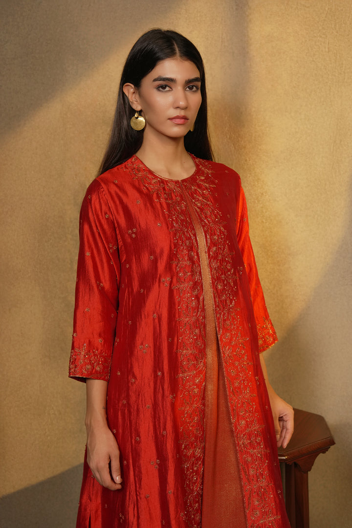 Orange Hand Embroidered Silk Cape with Slip