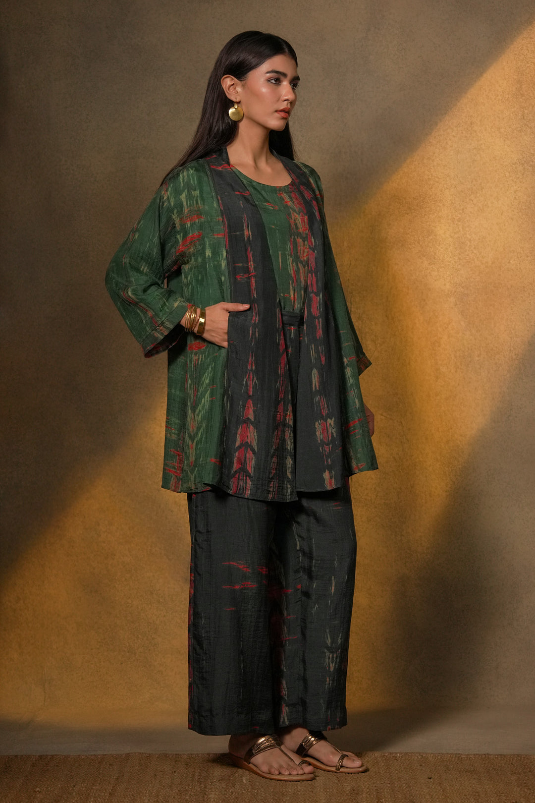 Emerald Hand Dyed Shibori Silk Jacket with Slip and Pants