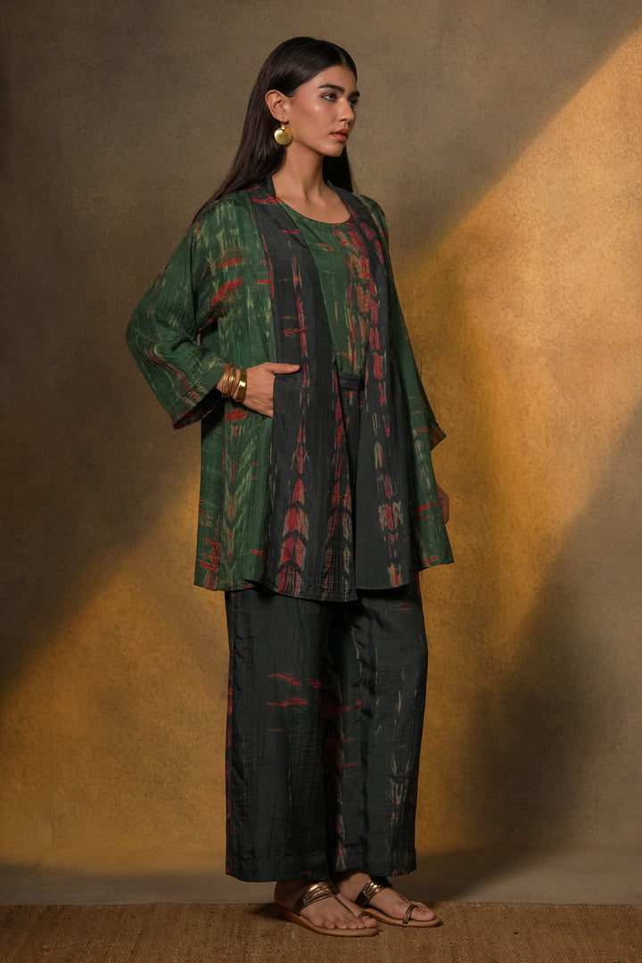Emerald Hand Dyed Shibori Silk Jacket with Slip and Pants