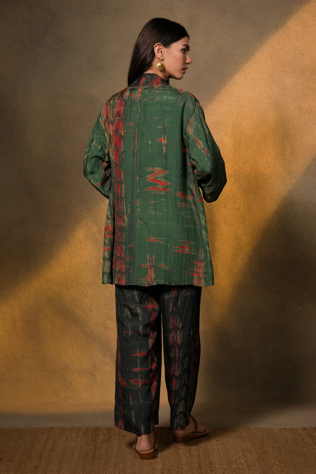 Emerald Hand Dyed Shibori Silk Jacket with Slip and Pants