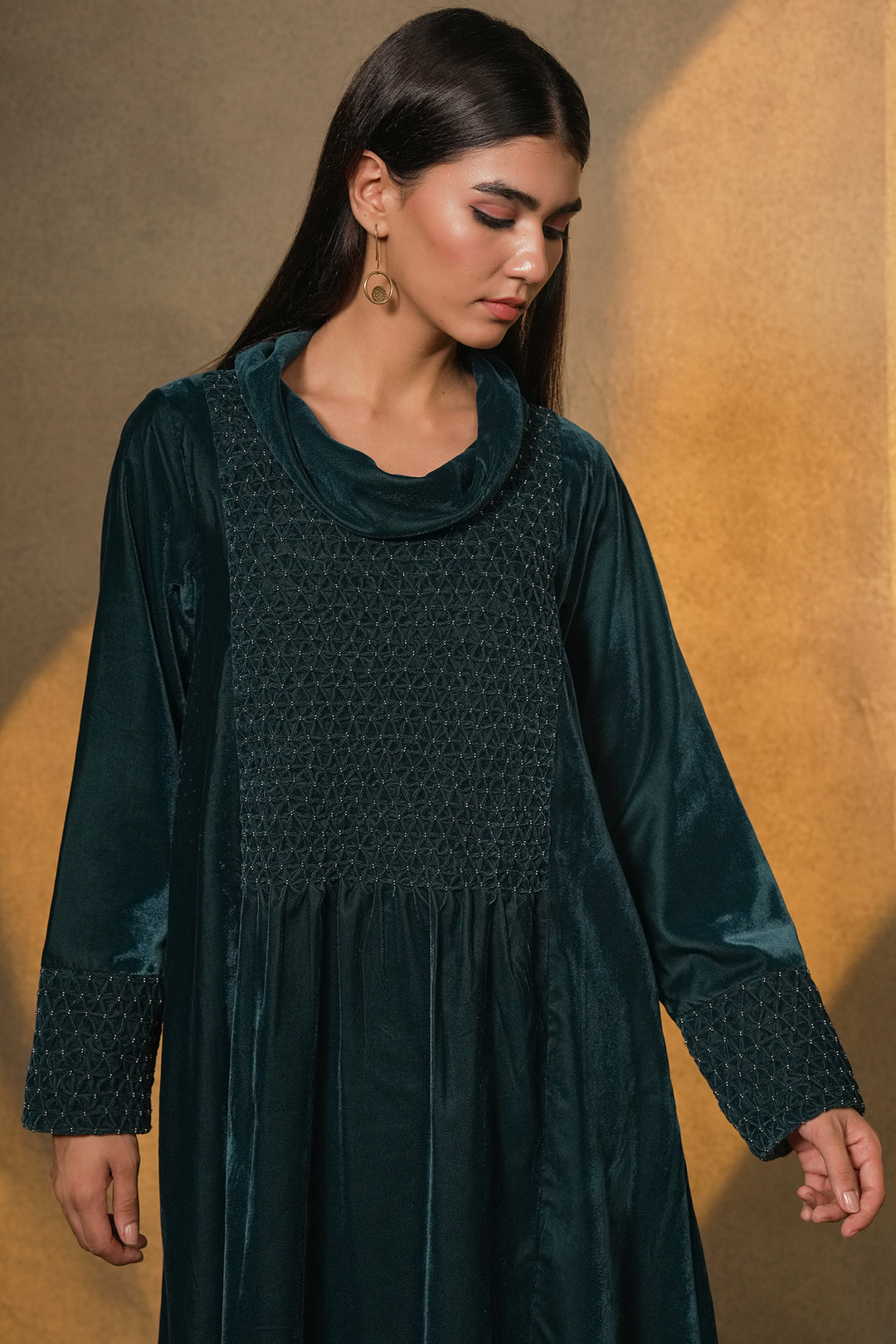 Teal Hand Embroidered Velvet Dress