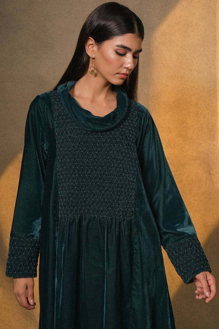Teal Hand Embroidered Velvet Dress