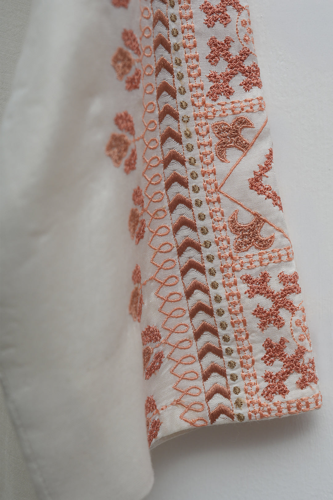 Off White & Peach Embroidered Cotton Silk Kurta Set
