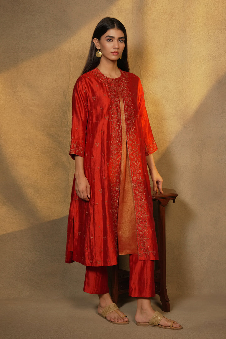 Orange Hand Embroidered Silk Cape with Slip