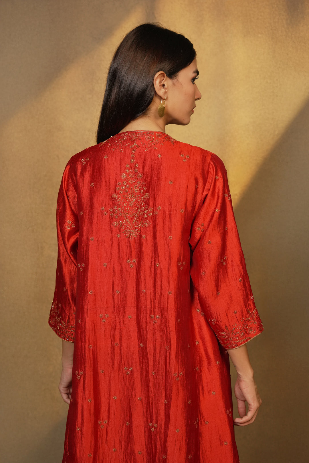 Orange Hand Embroidered Silk Cape with Slip
