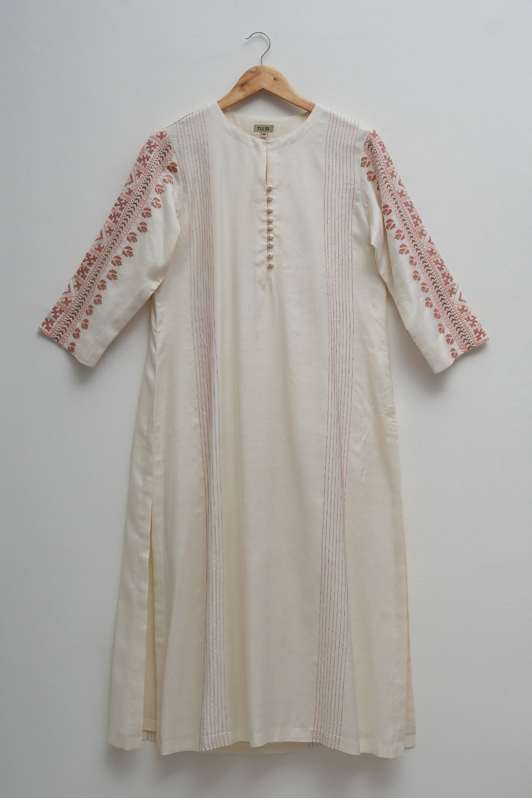 Off White & Peach Embroidered Cotton Silk Kurta Set