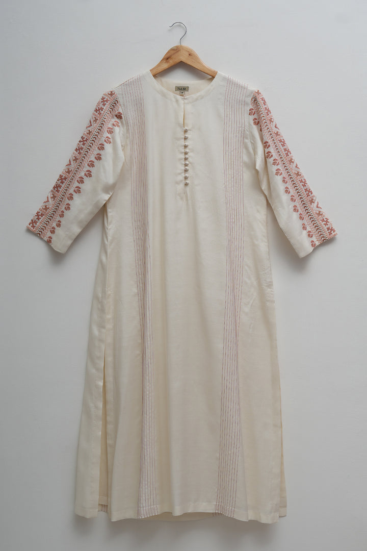 Off White & Peach Embroidered Cotton Silk Kurta Set