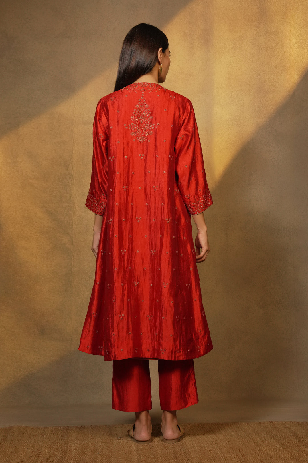 Orange Hand Embroidered Silk Cape with Slip
