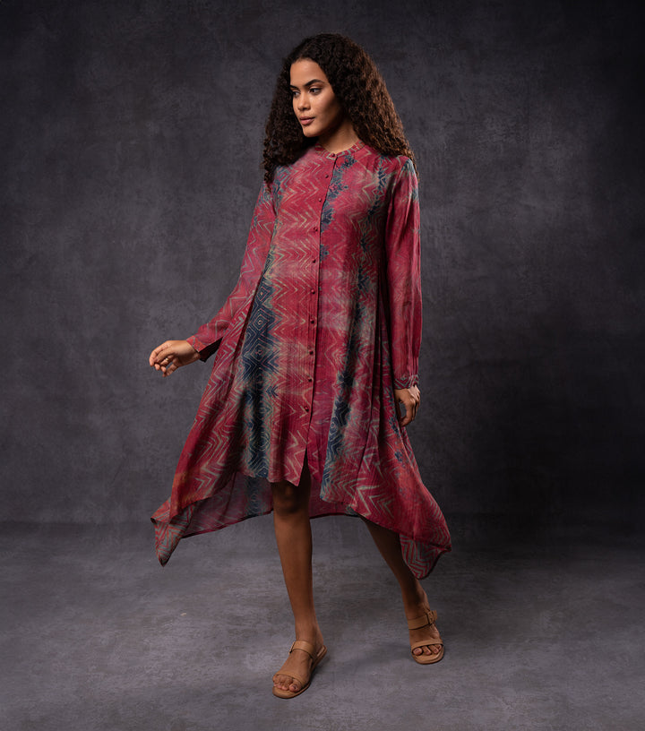Wine Hand-Dyed Shibori Asymmetrical Dress