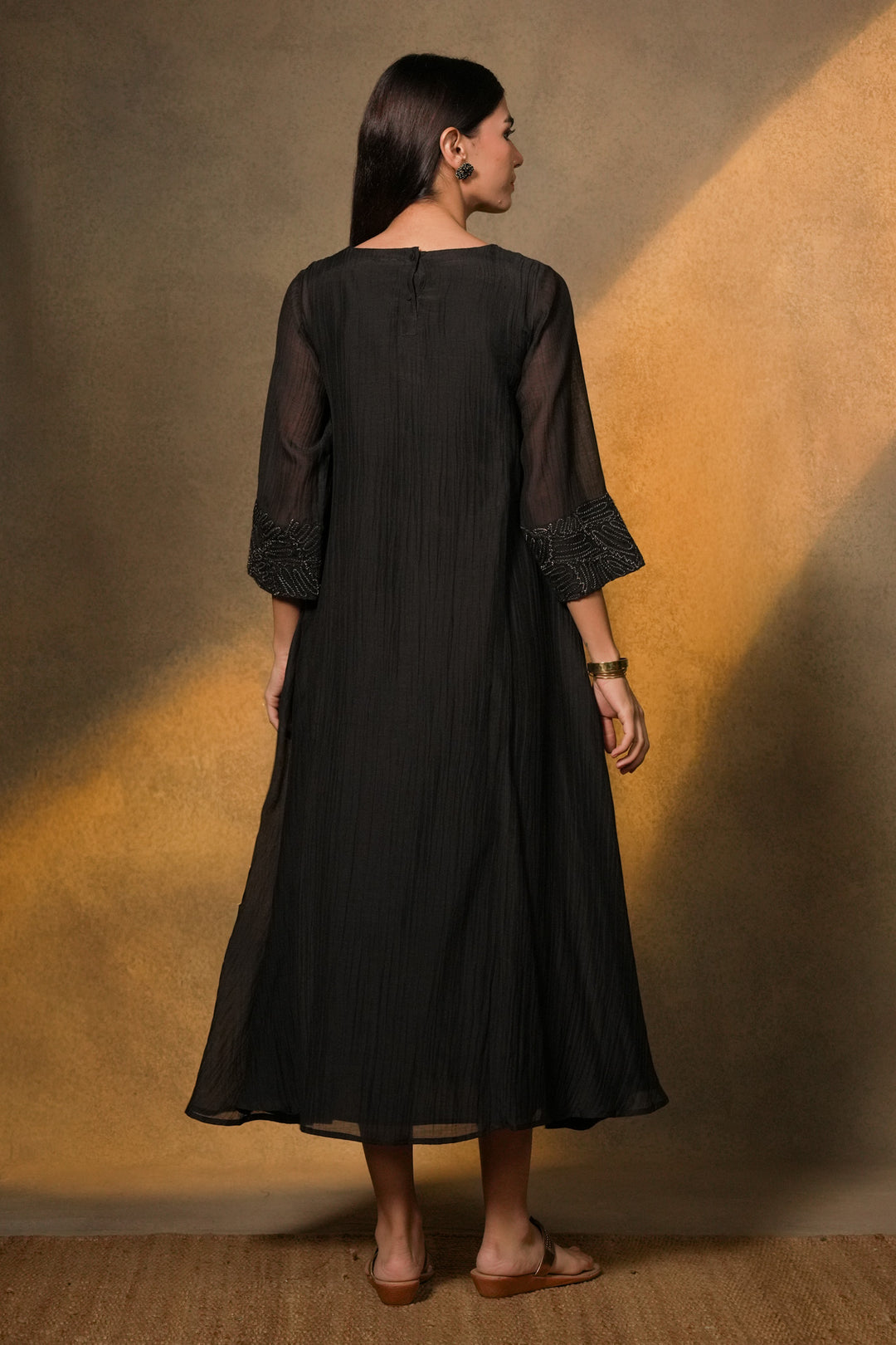 Black Textured Embroidered Chanderi Dress