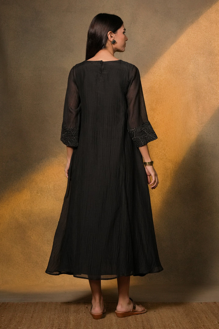 Black Textured Embroidered Chanderi Dress