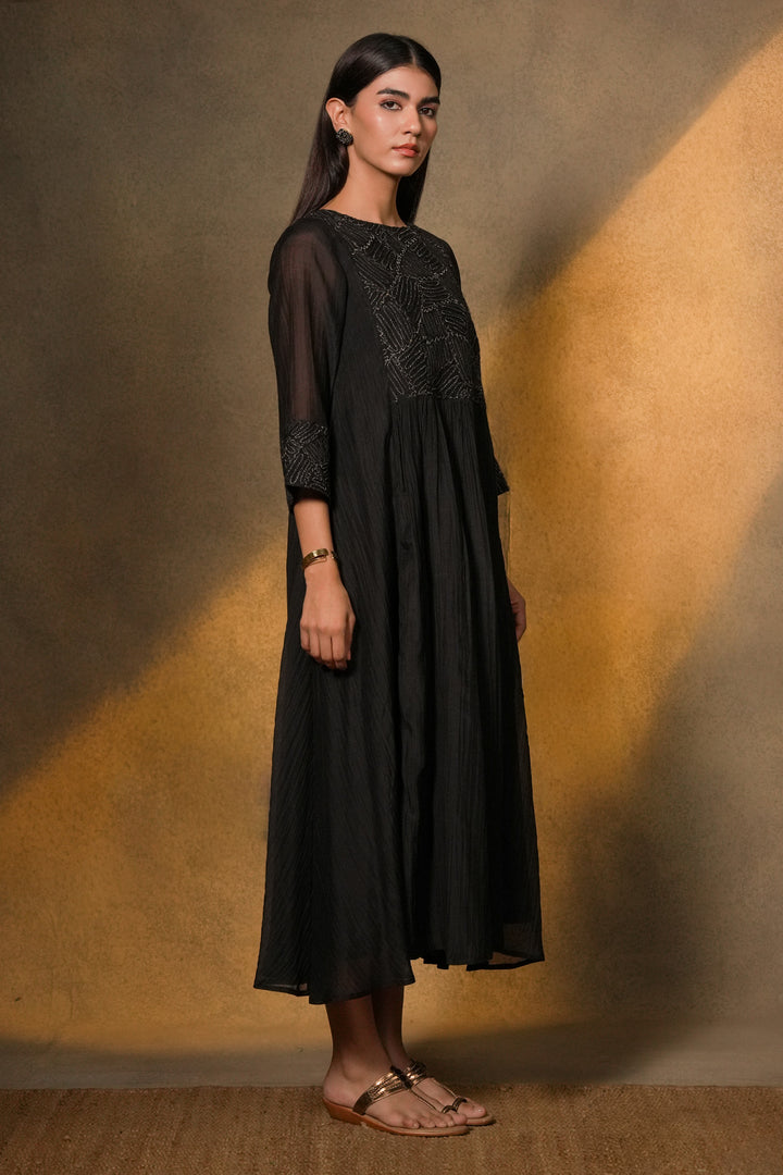 Black Textured Embroidered Chanderi Dress
