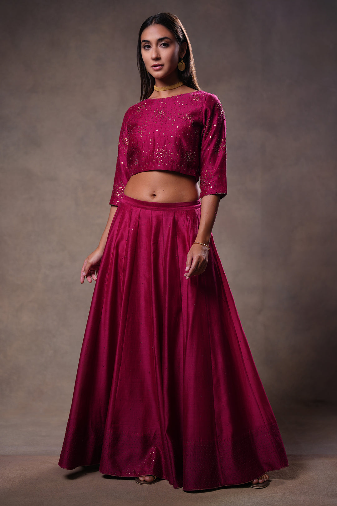 Magenta Hand Embroidered Chanderi Lehenga Set with Blouse & Dupatta