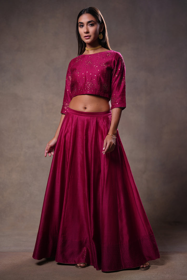 Magenta Hand Embroidered Chanderi Lehenga Set with Blouse & Dupatta