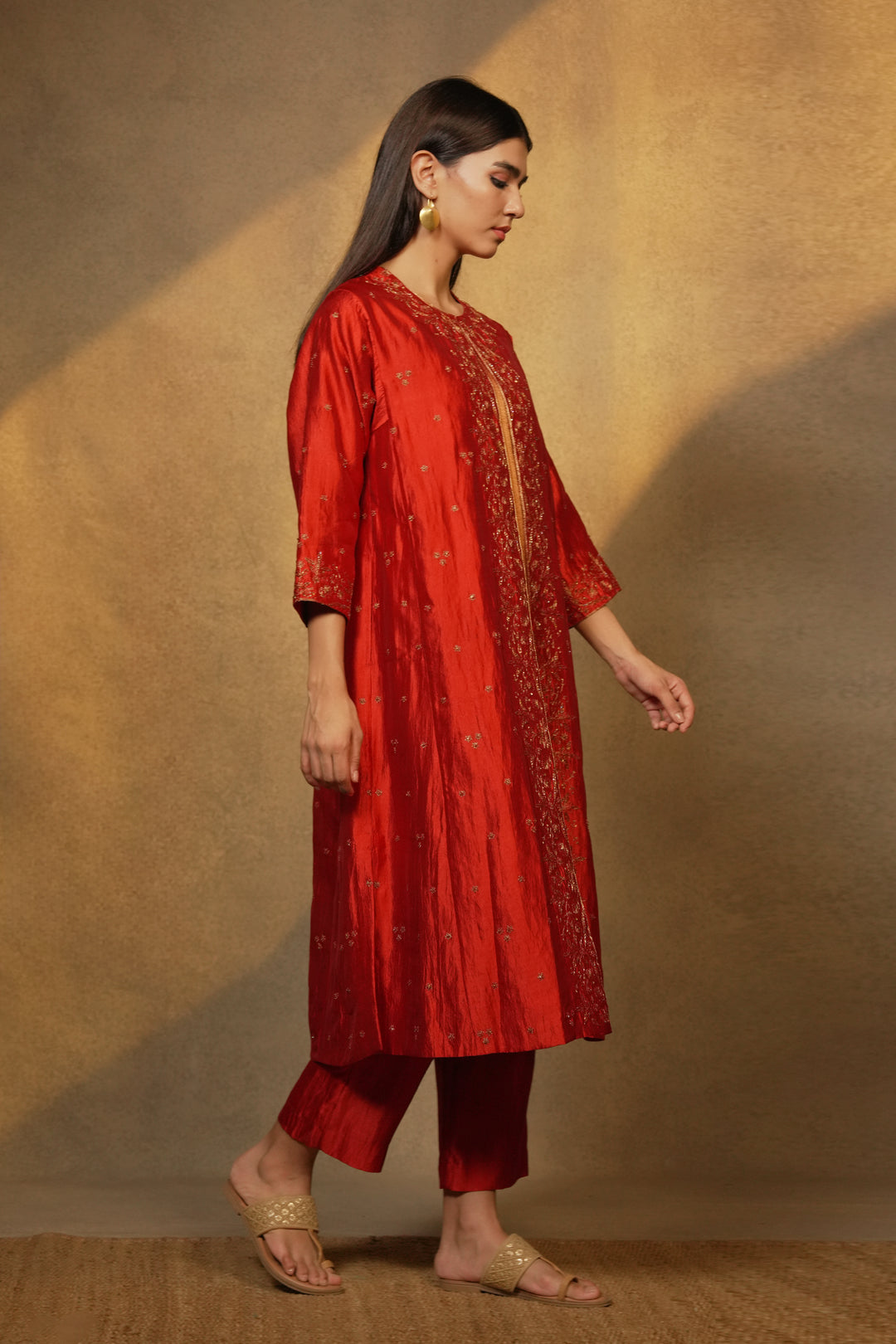 Orange Hand Embroidered Silk Cape with Slip