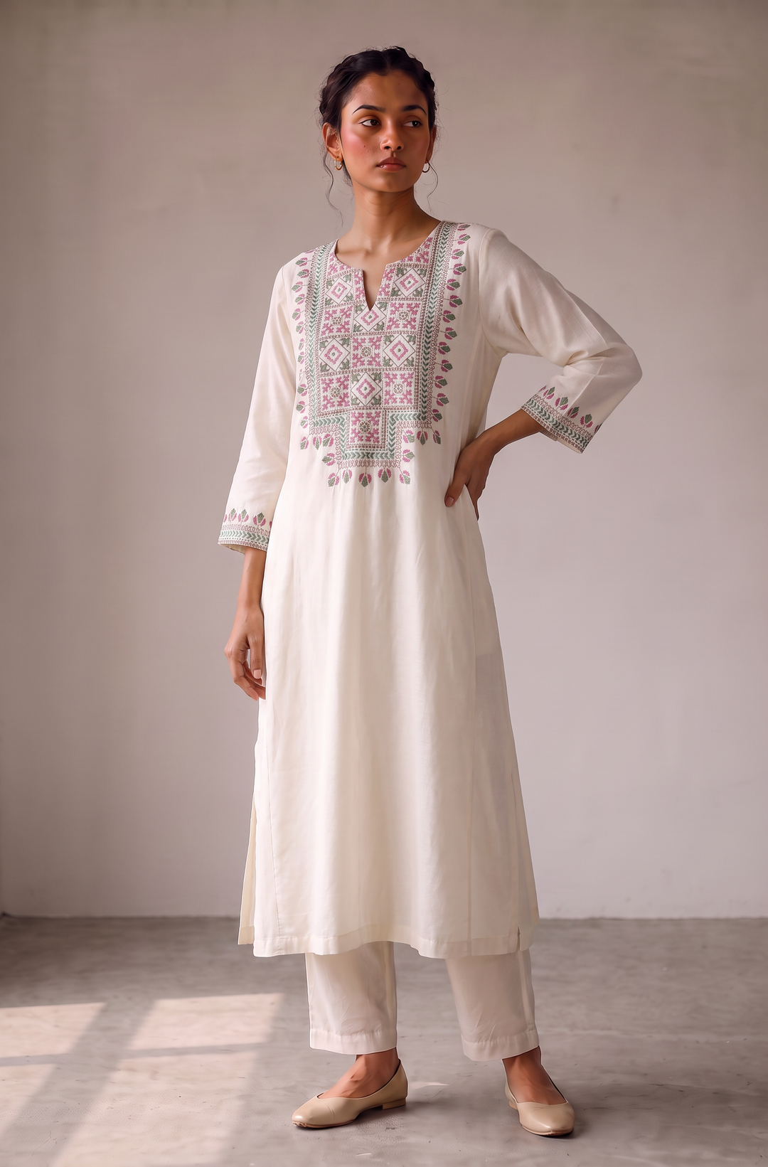Off-white and Rose Embroidered Kurta Set