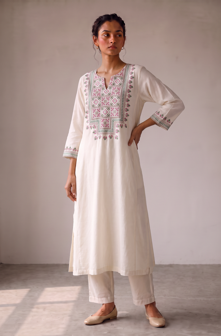 Off-white and Rose Embroidered Kurta Set