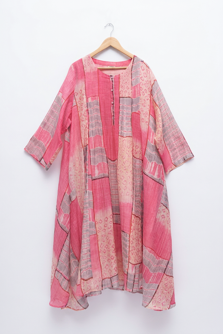 Pink Abstract Print Cotton Pintucked Dress