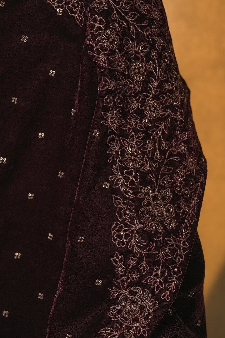 Plum Hand Embroidered Velvet Dupatta