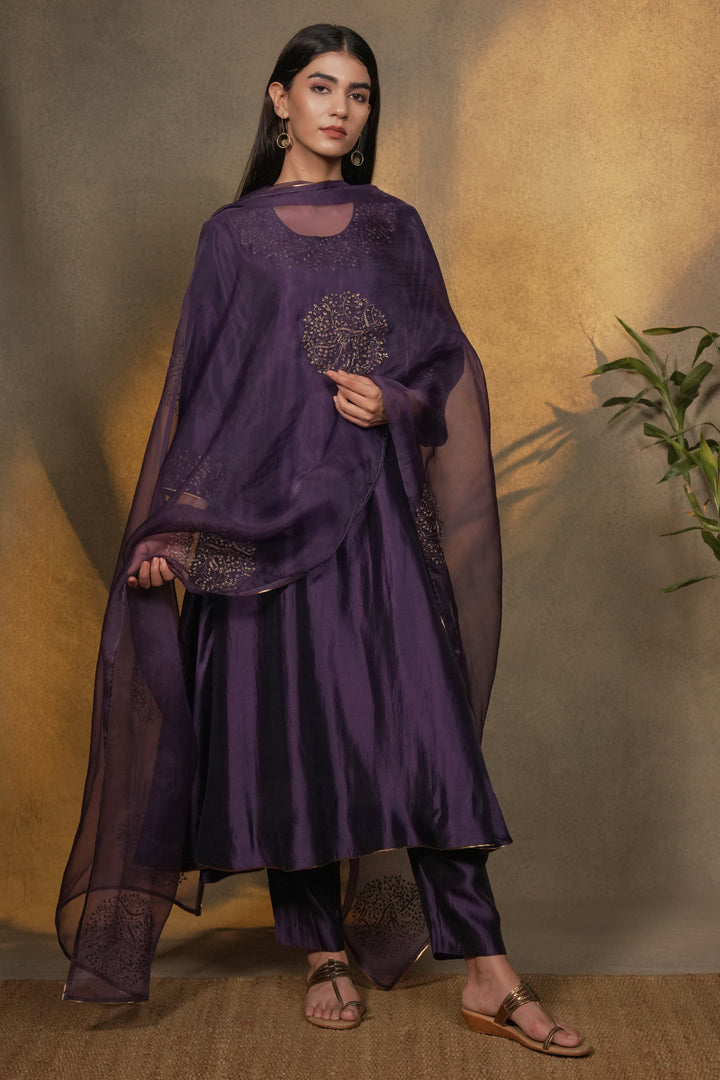 Purple Embroidered Organza Dupatta