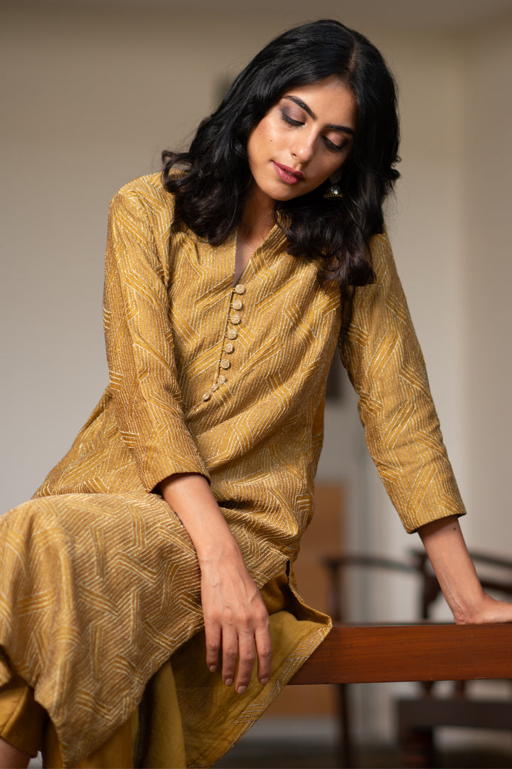 Ochre chanderi Embroidered kurta