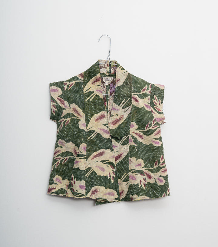 Green Vintage Cotton Kantha Jacket For Kids