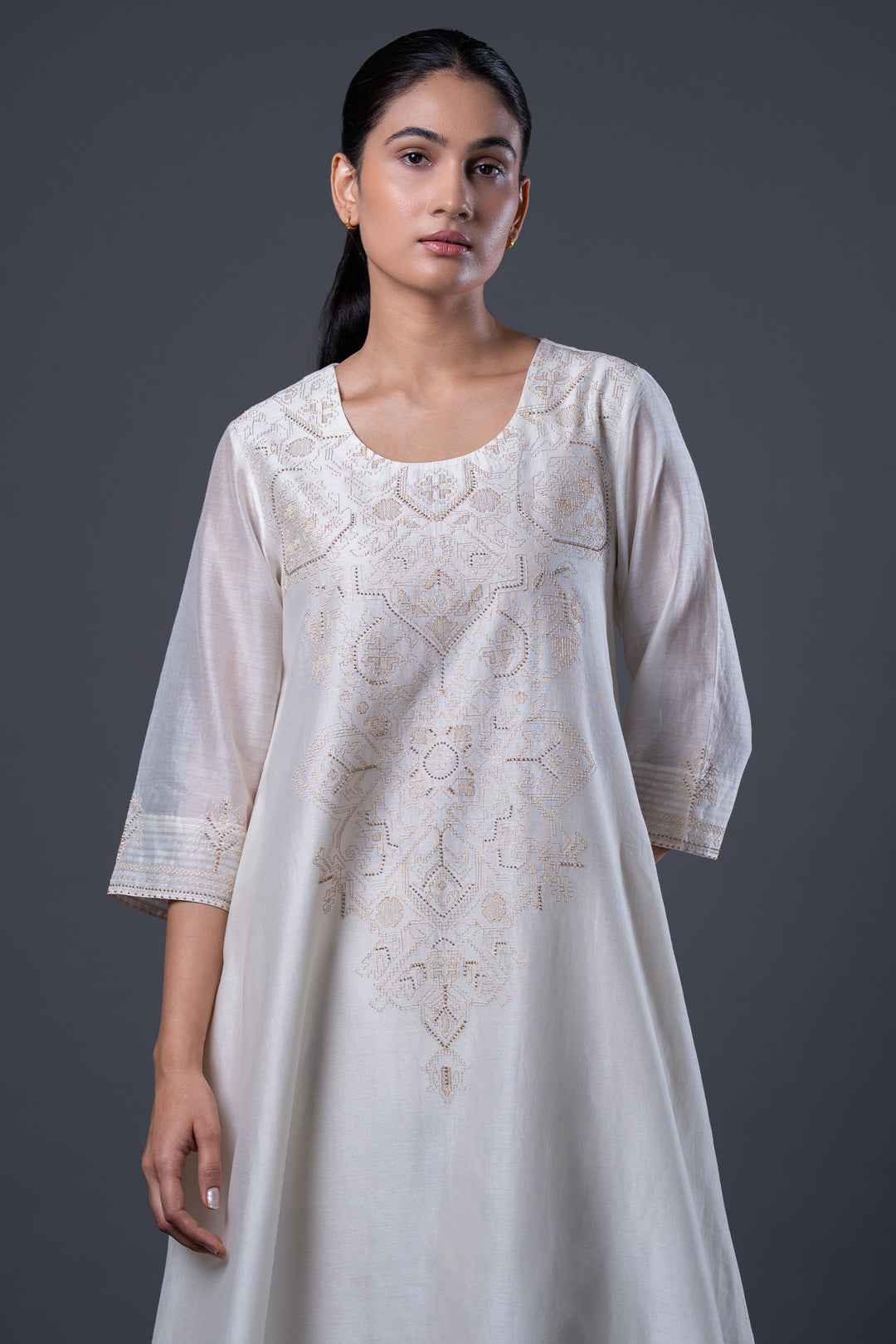 Natural Hand Embroidered Chanderi Kurta