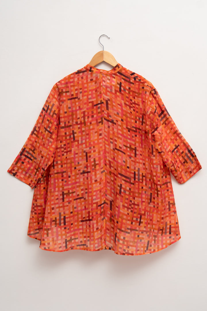 Orange Printed Chanderi Oversized Shirt
