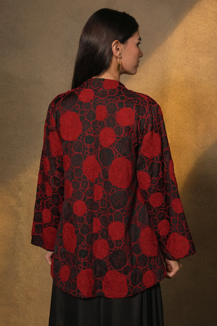 Black Cotton Dress with Patch Embroidered Cotton Silk Jacket