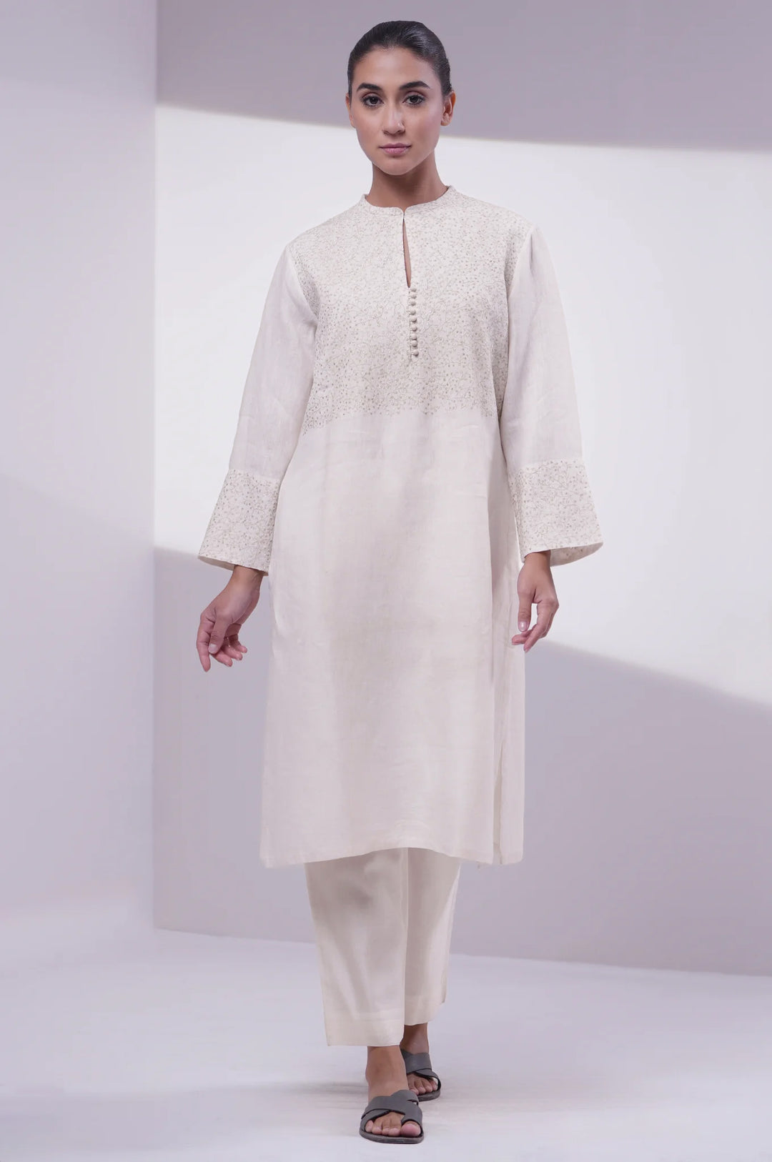 Ivory Embroidered Cotton Linen Kurta