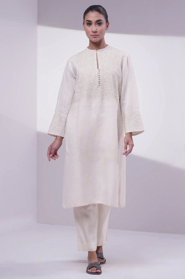 Ivory Embroidered Cotton Linen Kurta