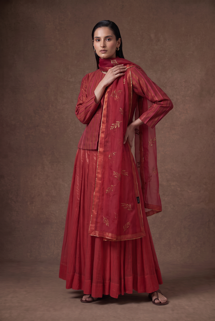 Coral Hand-Embroidered Tissue Lehenga Set