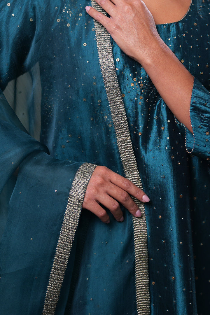 Teal Embroidered Organza Dupatta