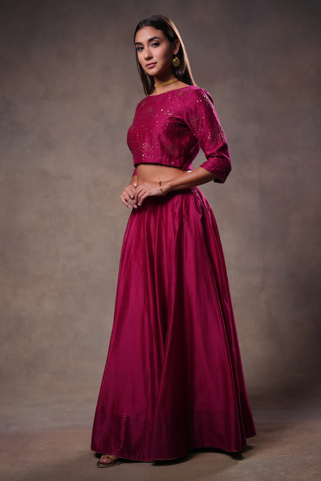 Magenta Hand Embroidered Chanderi Lehenga Set with Blouse & Dupatta