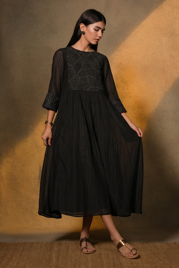 Black Textured Embroidered Chanderi Dress