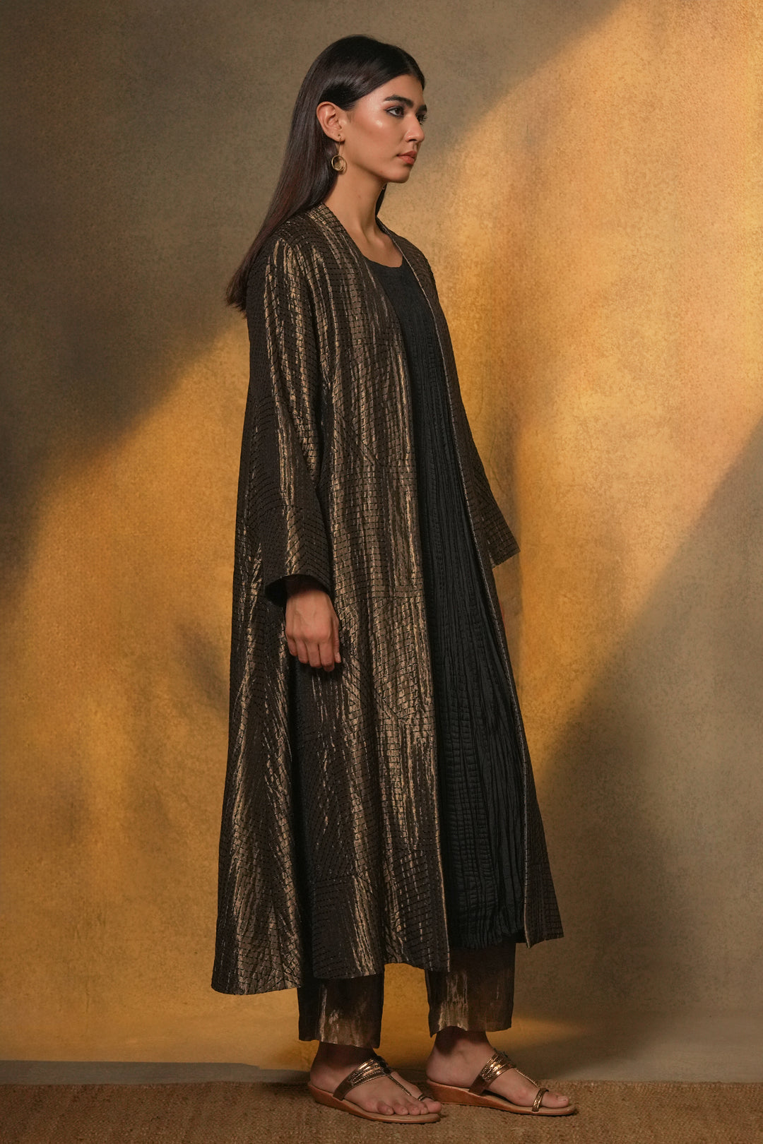 Black Embroidered Tissue Jacket with Silk Crinkle Slip