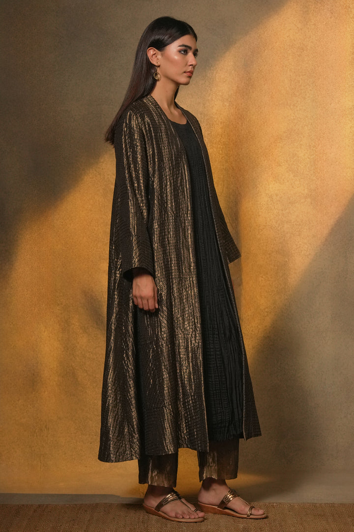 Black Embroidered Tissue Jacket with Silk Crinkle Slip