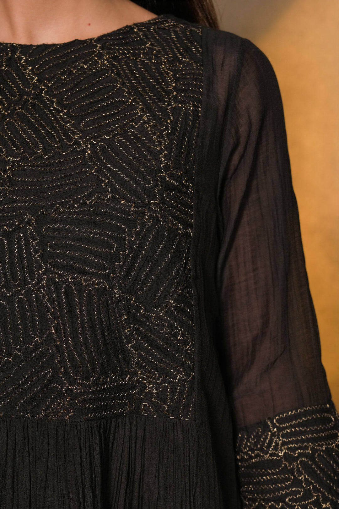 Black Textured Embroidered Chanderi Dress