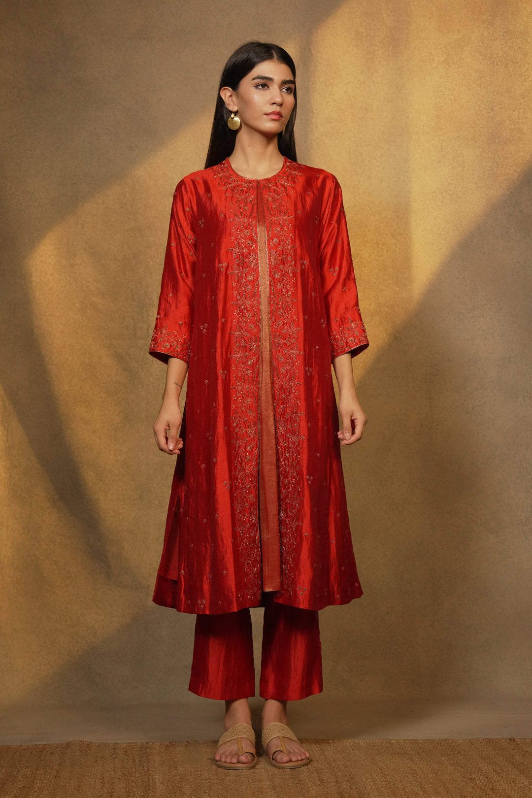 Orange Hand Embroidered Silk Cape with Slip