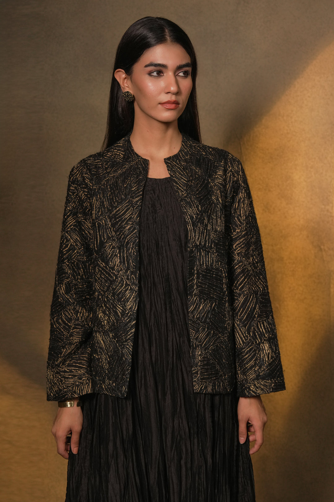 Black Crinkled Chanderi Dress with Textured Embroidered Jacket