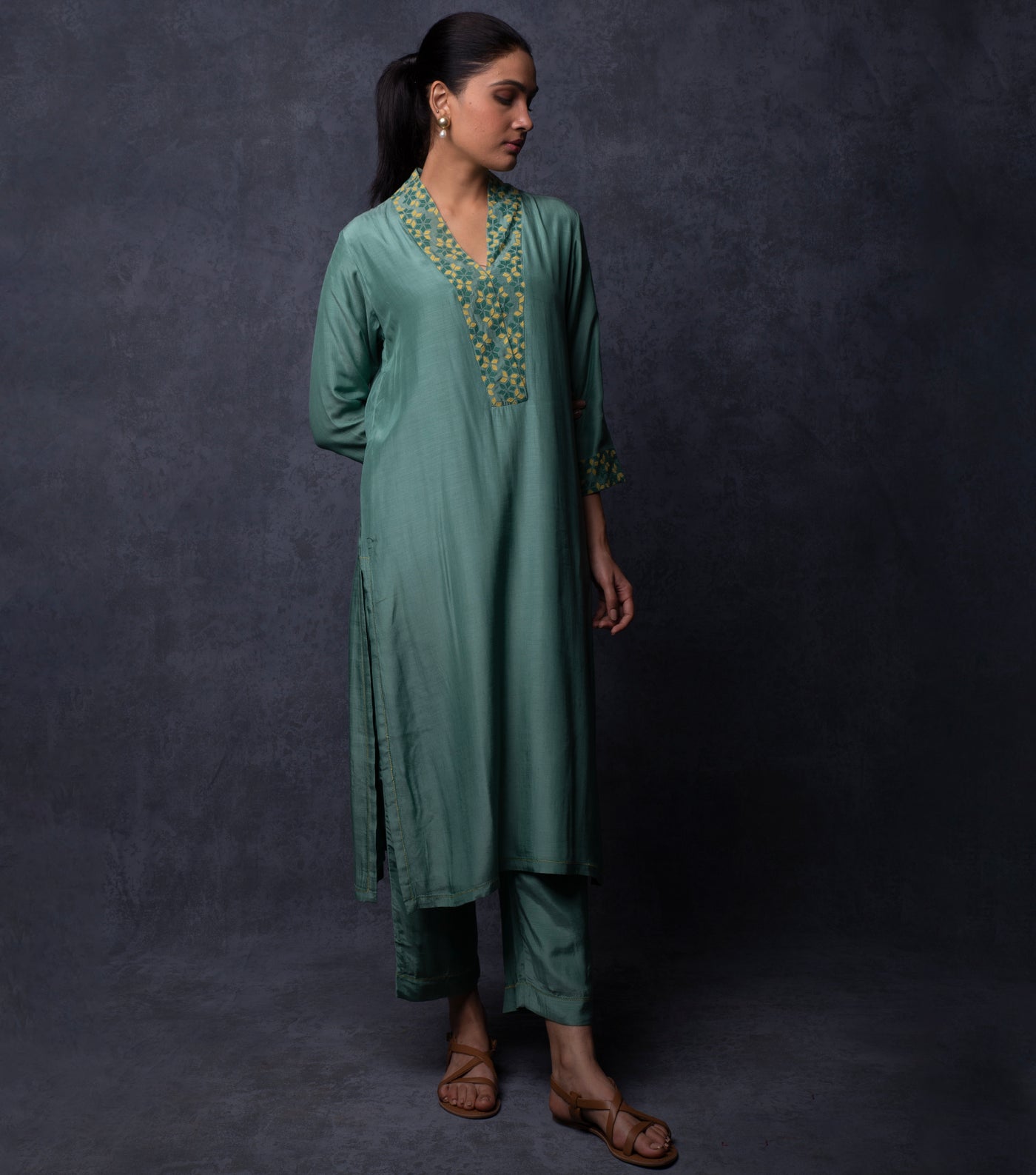 Teal Green Patch Work Embroidered Muslin Suit Set