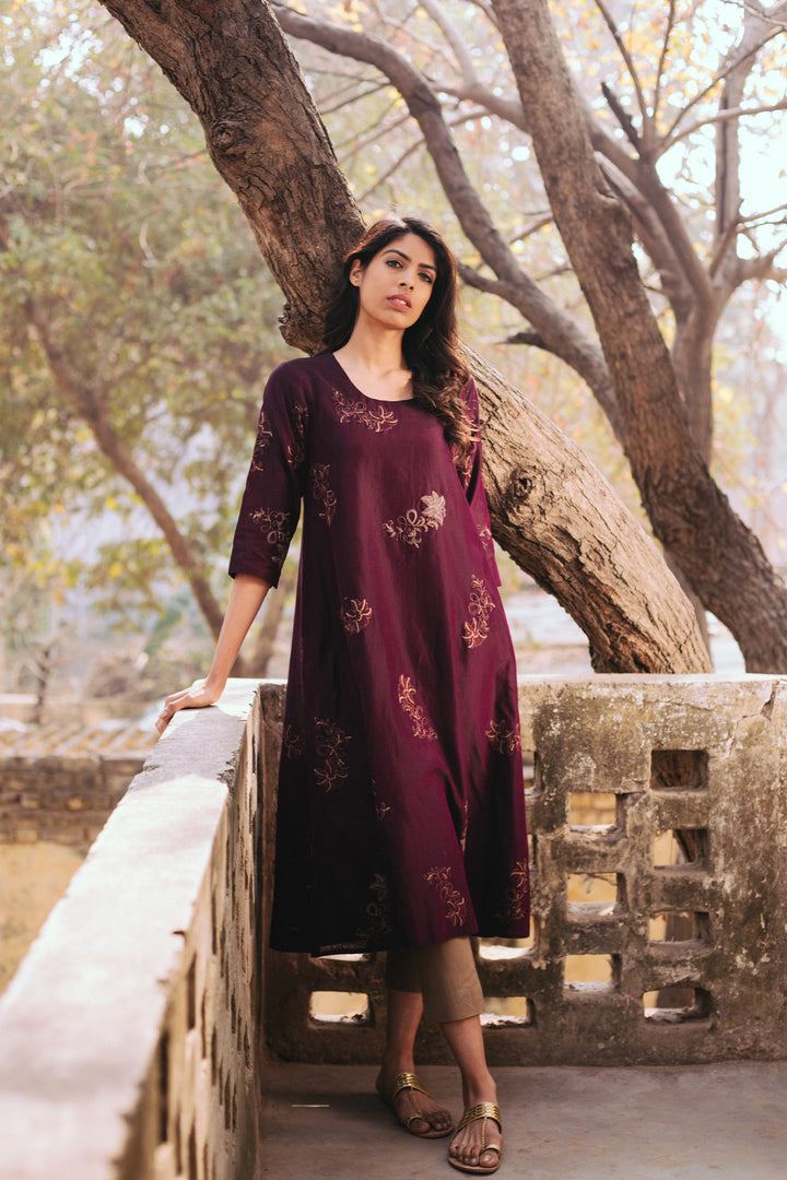 Plum Chanderi Embroidered Kurta