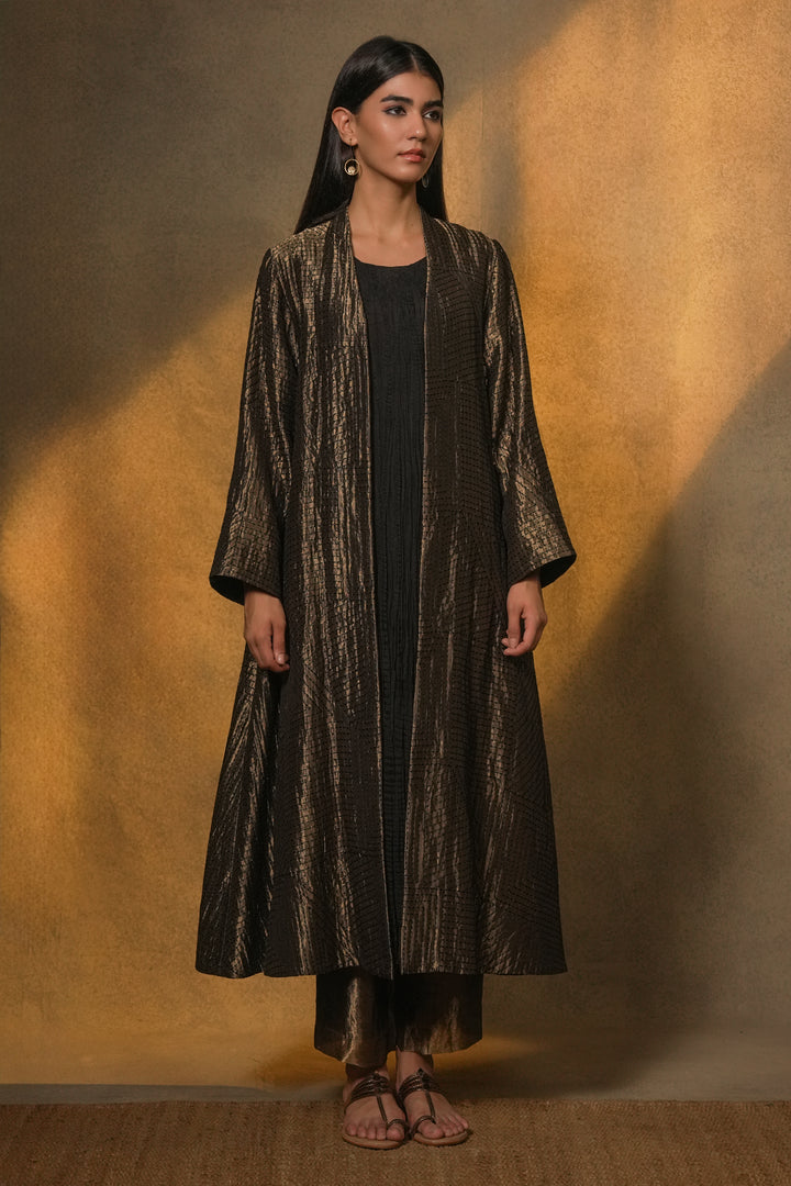 Black Embroidered Tissue Jacket with Silk Crinkle Slip