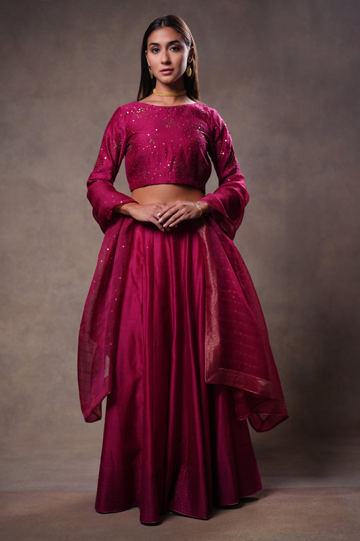 Magenta Hand Embroidered Chanderi Lehenga Set with Blouse & Dupatta