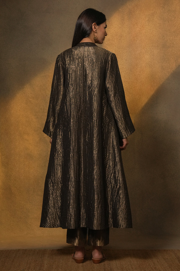 Black Embroidered Tissue Jacket with Silk Crinkle Slip