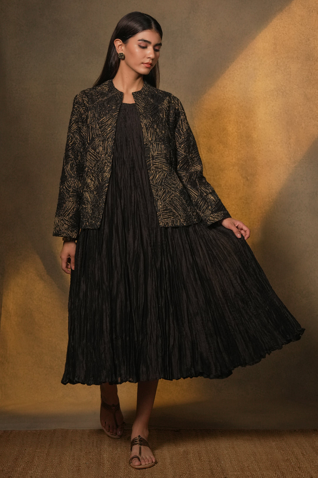 Black Crinkled Chanderi Dress with Textured Embroidered Jacket