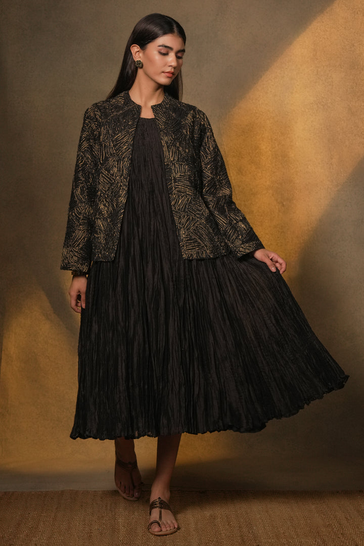 Black Crinkled Chanderi Dress with Textured Embroidered Jacket